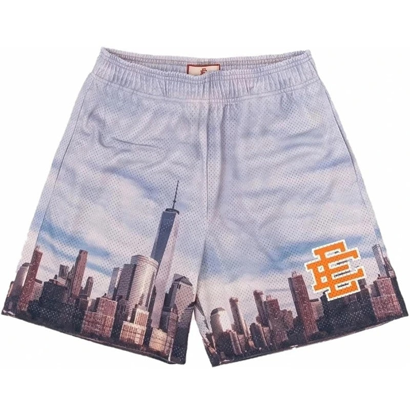 Front view of Design "White Skyline" Shorts, ideal for mesh, by courtkicks.